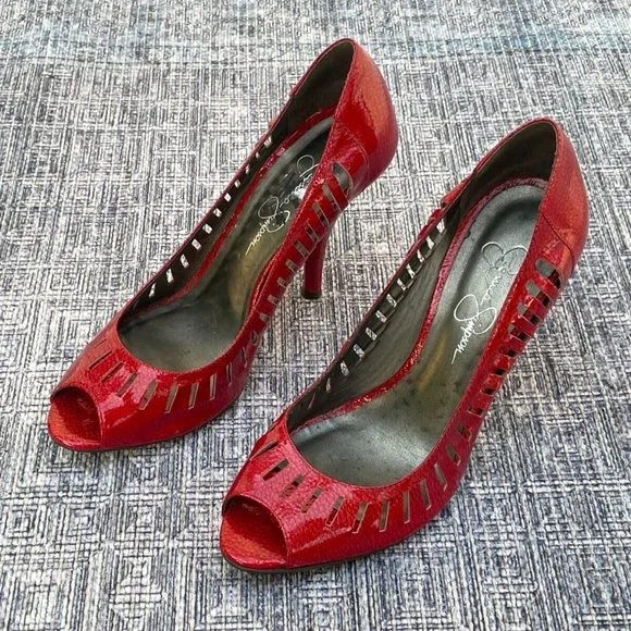 Jessica Simpson Women Heel Red Leather Upper Shoes Open Toe Pump Size 37 6.5US - Picture 6 of 11